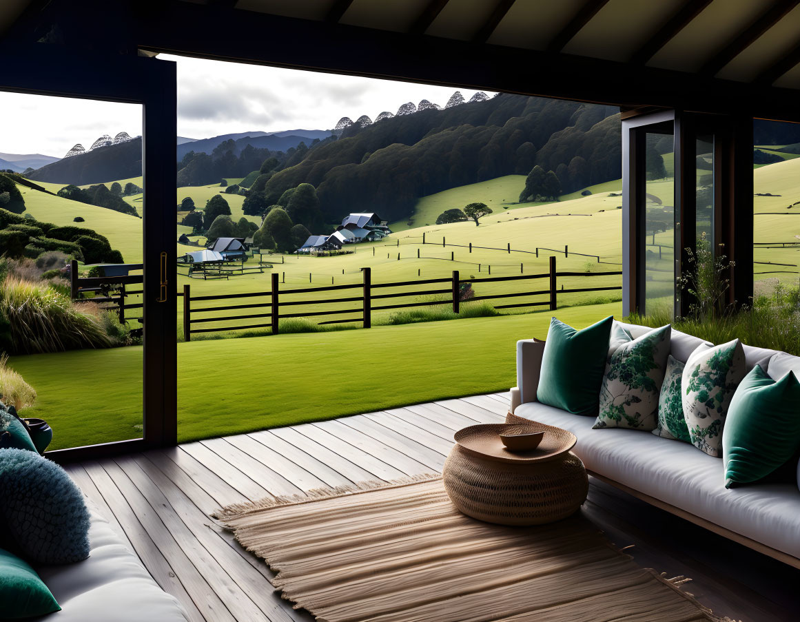 Wooden terrace with sofa and cushions overlooking lush green countryside and farm.