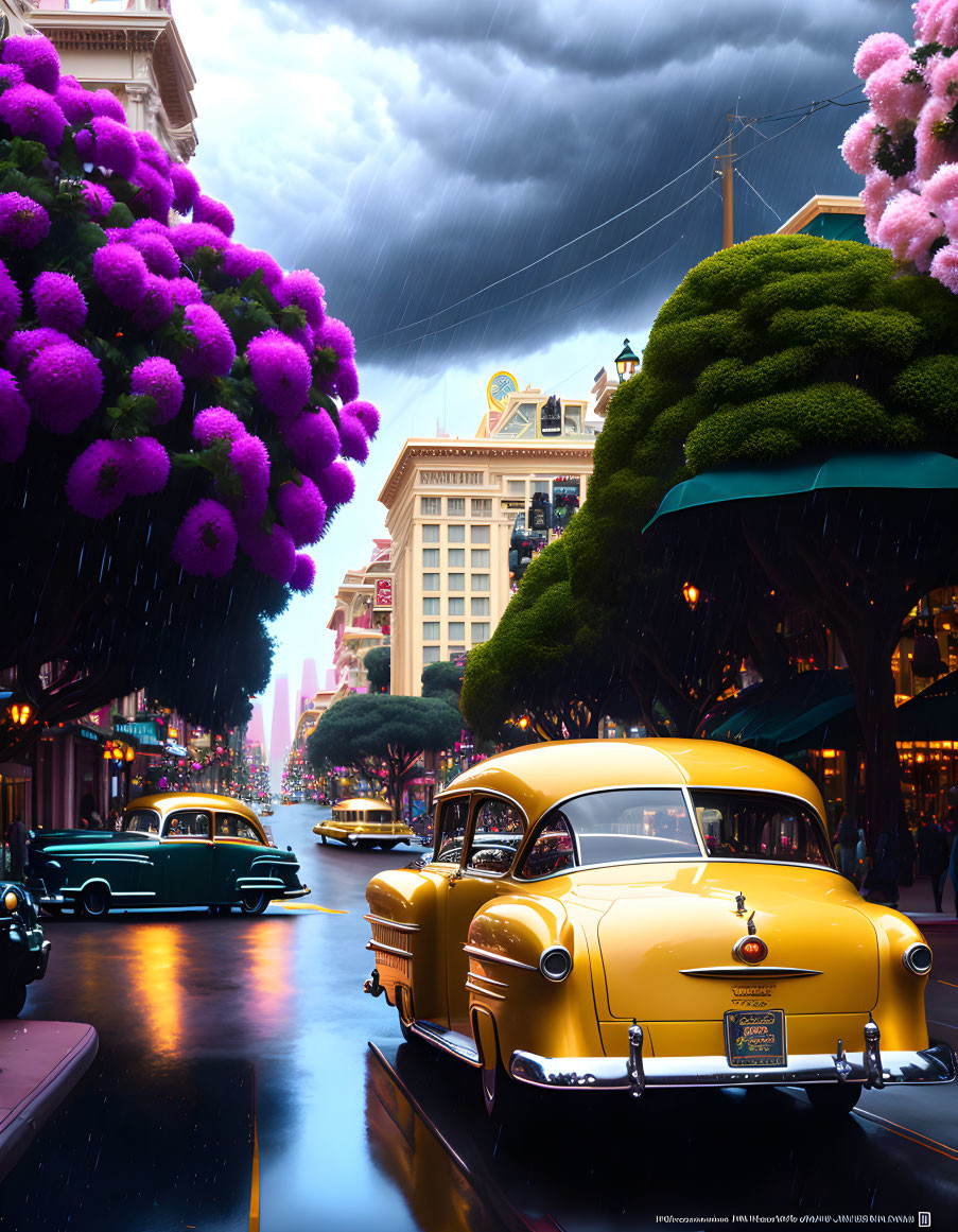 Vintage cars and oversized flowers in surreal cityscape under stormy sky