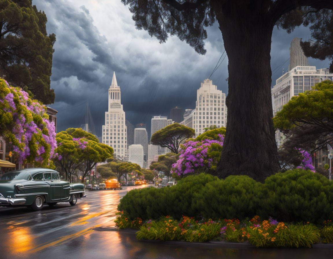 Cityscape with blooming trees under stormy sky