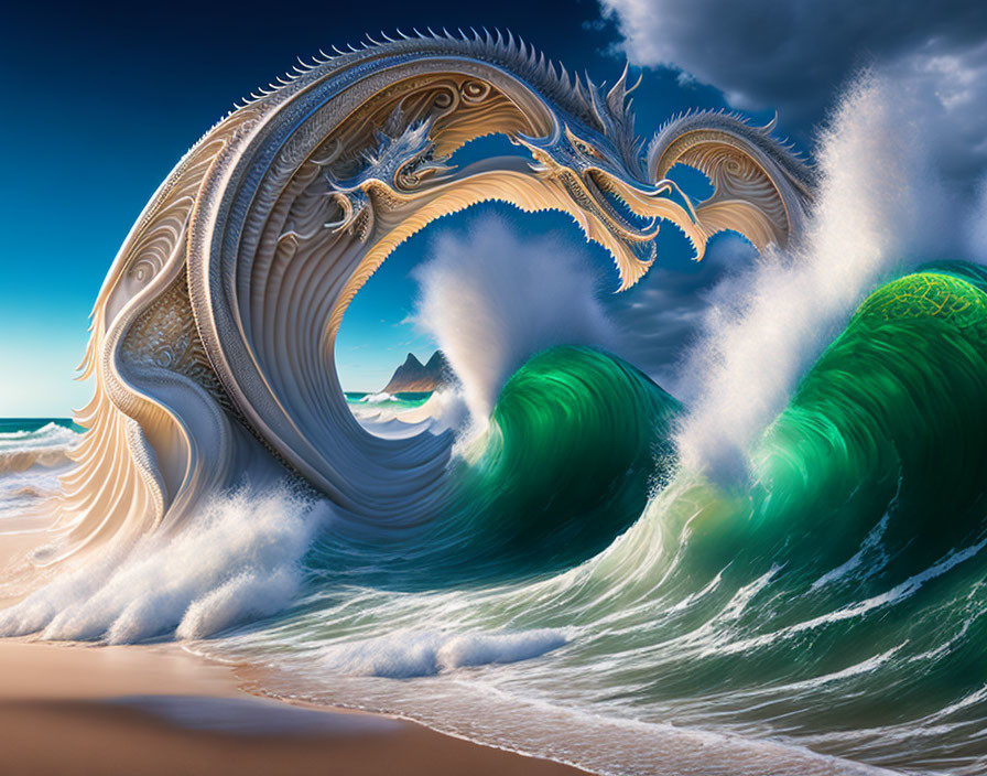 Surreal wave-like structures with dragon-like designs in vibrant seascape