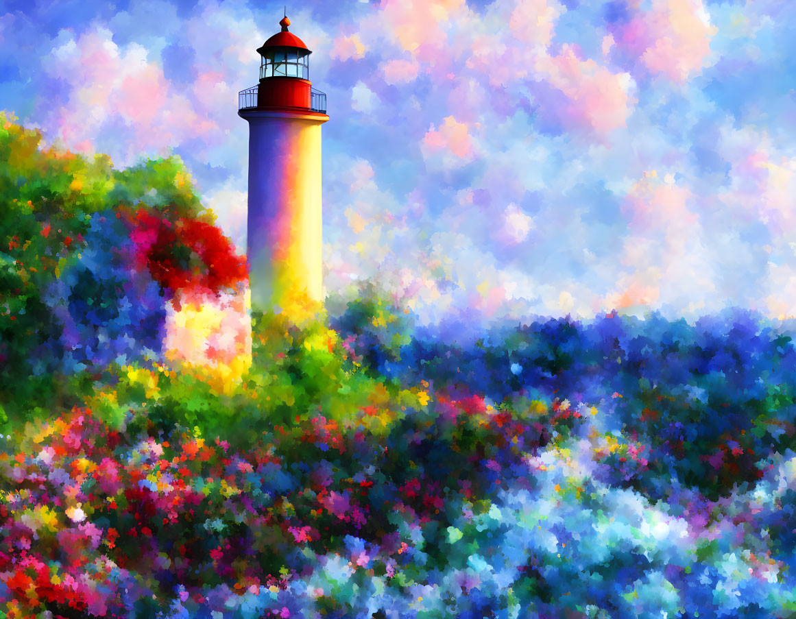 Lighthouse surrounded by colorful blooming flora in impressionistic painting