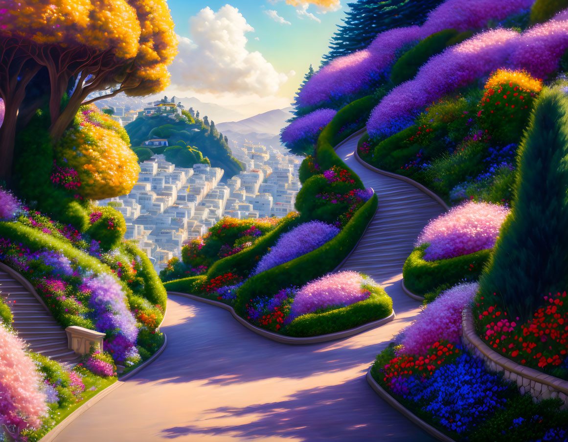 Colorful Fantasy Landscape with Winding Path, Flower-Covered Hills, and Golden Trees