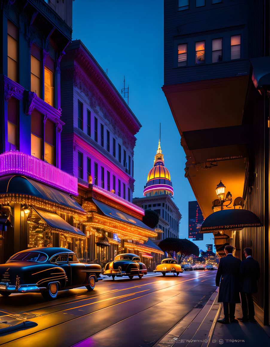 City Street at Dusk: Vintage Cars, Neon Signs, Lit Buildings, Illuminated Dome