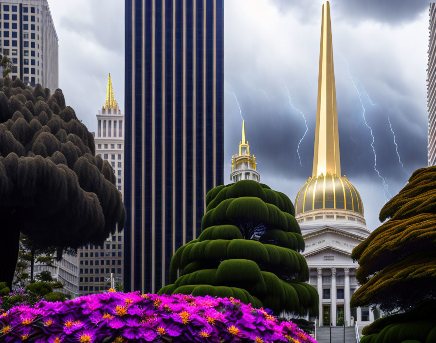 Contrasting cityscape with diverse architecture, lush greenery, purple flowers, and stormy sky