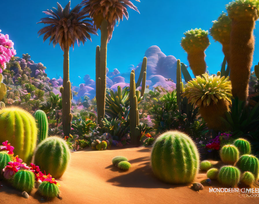 Colorful Desert Scene with Cacti and Succulents under Blue Sky