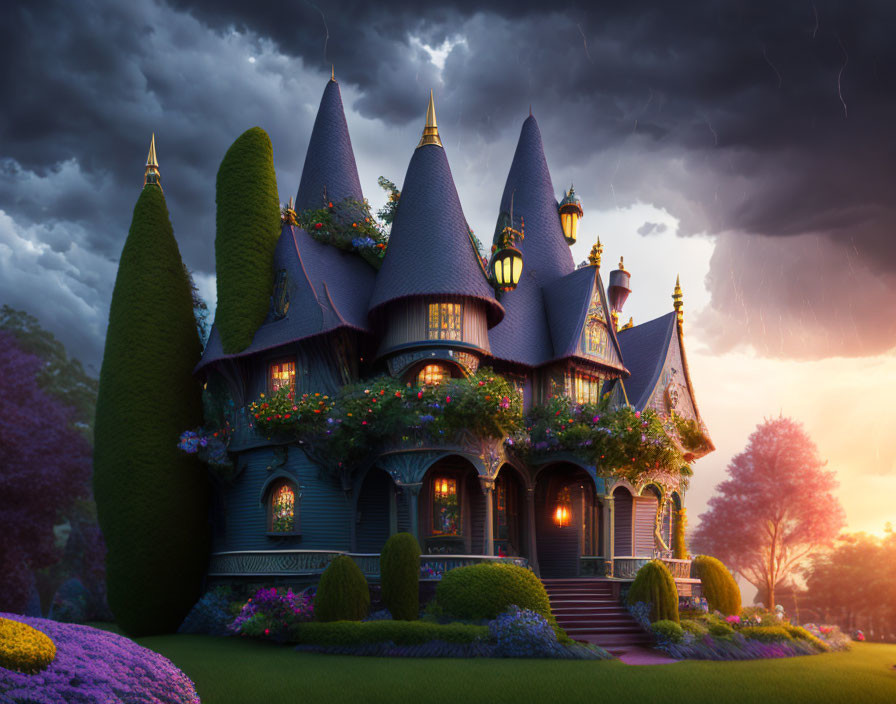 Victorian house with spired roofs in manicured garden under stormy sunset sky