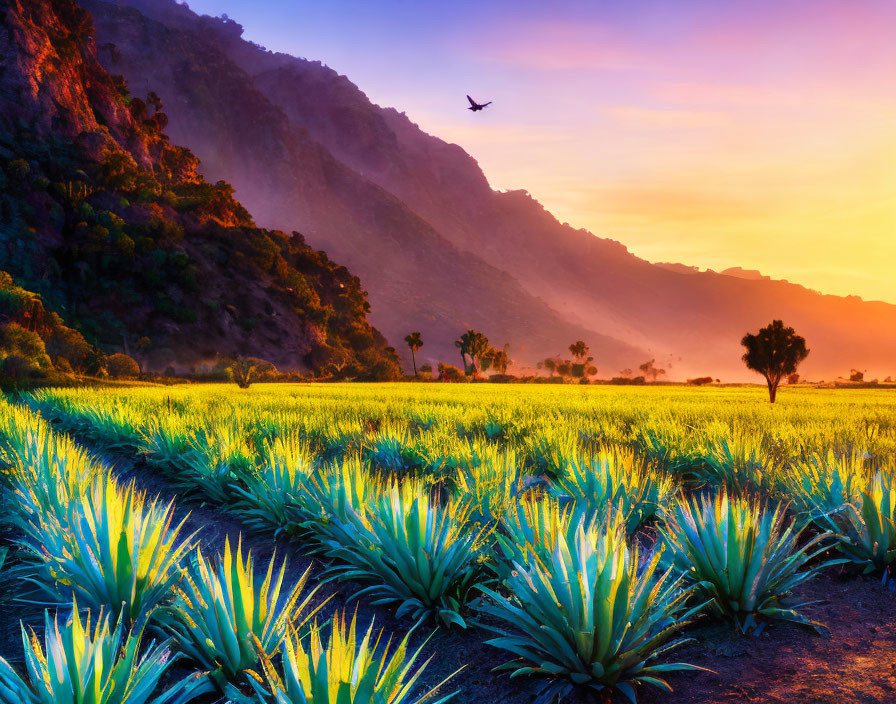 Colorful sunrise over agave field with mountain backdrop and flying bird