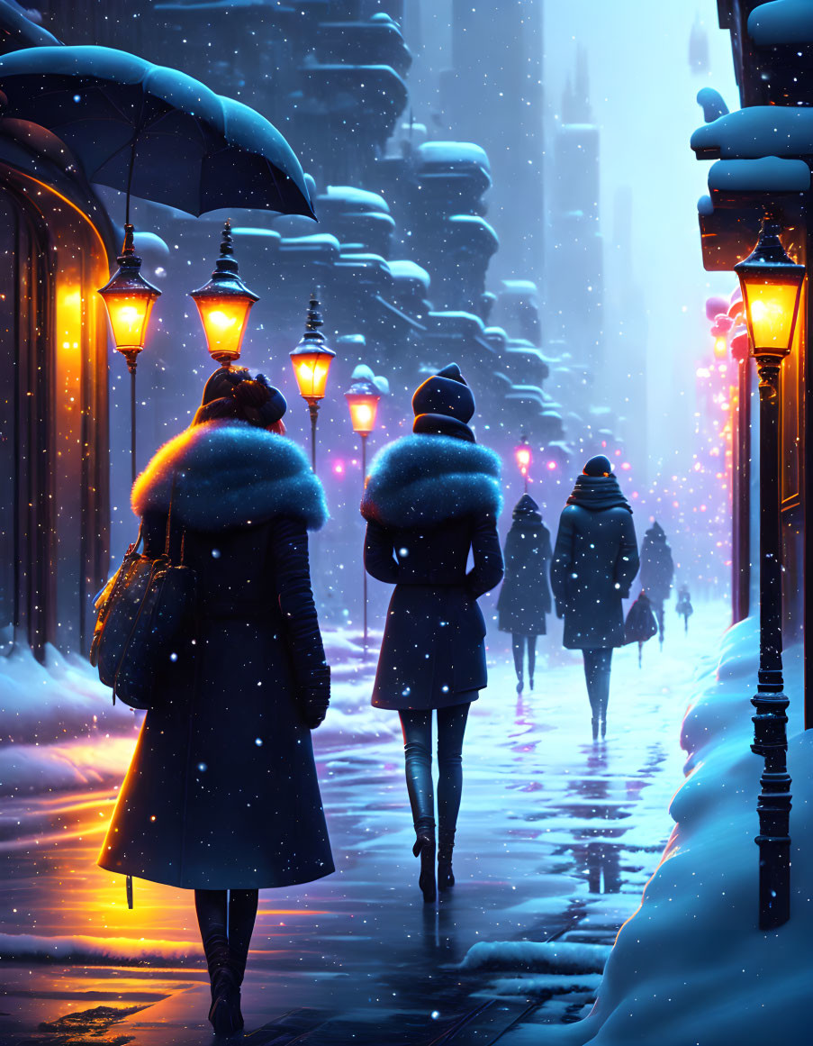 Snowy street scene with people, street lamps, falling snowflakes, and towering buildings at twilight