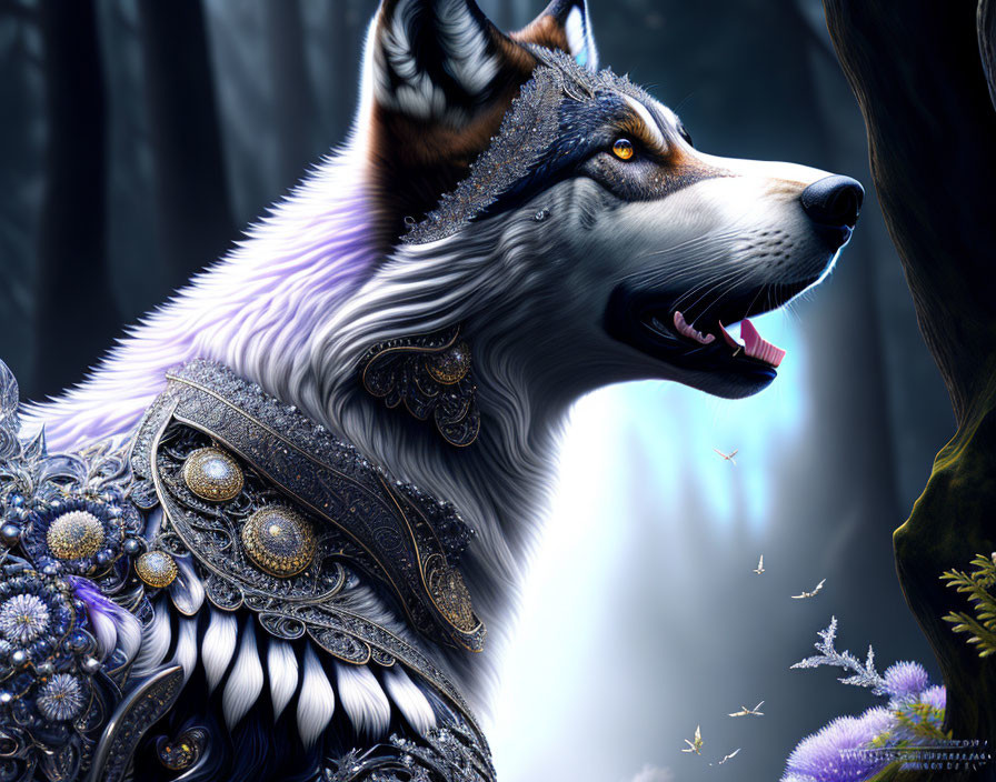 Detailed armored wolf in mystical forest scenery