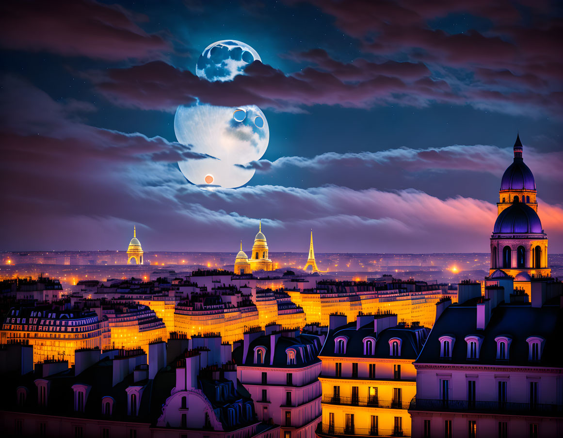 Night cityscape with illuminated buildings and multiple moons in fantasy sky