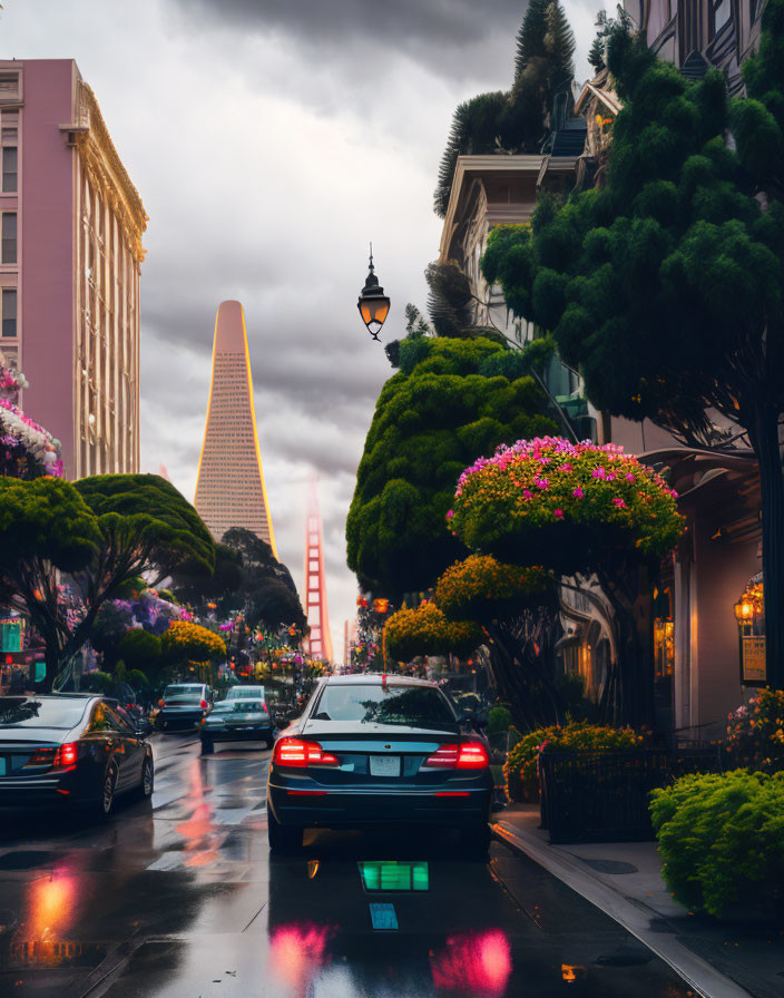 Wet city street scene with vibrant flowers, cars, and skyscraper after rain