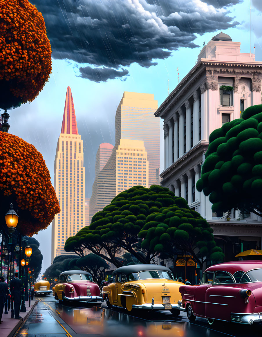 Vintage cars on rainy city street under stormy sky with buildings and colorful trees