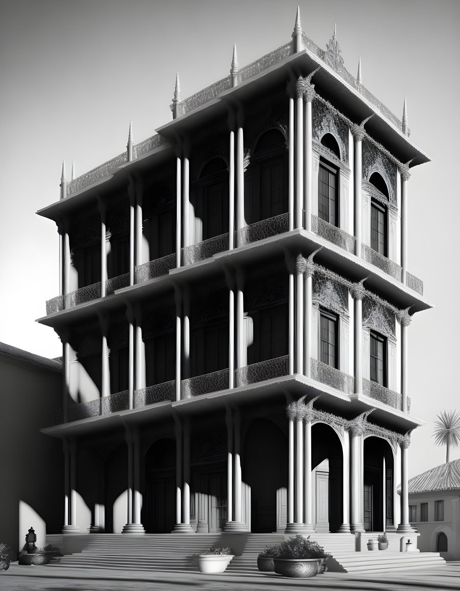 Monochrome image of ornate traditional building with tall pillars and intricate railings