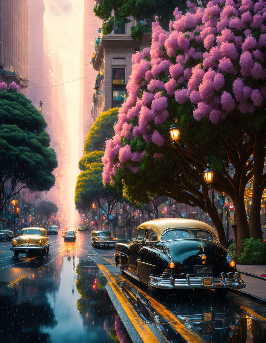 Vintage Black Car Parked on Wet Street with Glowing Lamps & Pink Trees at Dusk