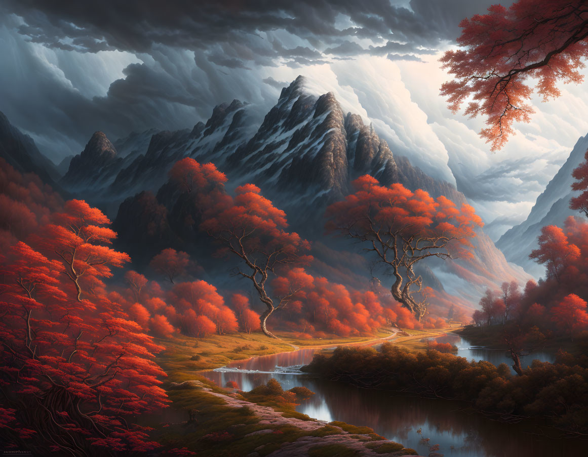 Autumnal forest river scene with dramatic mountain backdrop