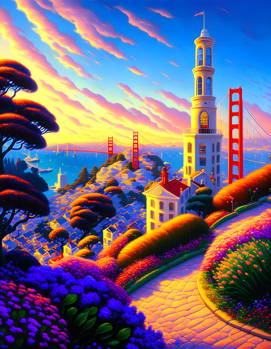 Colorful Coastal Scene with Lighthouse, Flora, and Golden Gate Bridge at Sunset