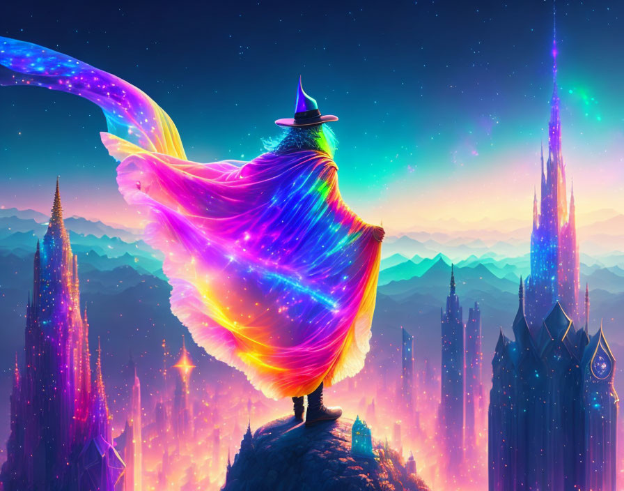 Wizard casting spell on peak with cosmic cape and neon-lit mountains