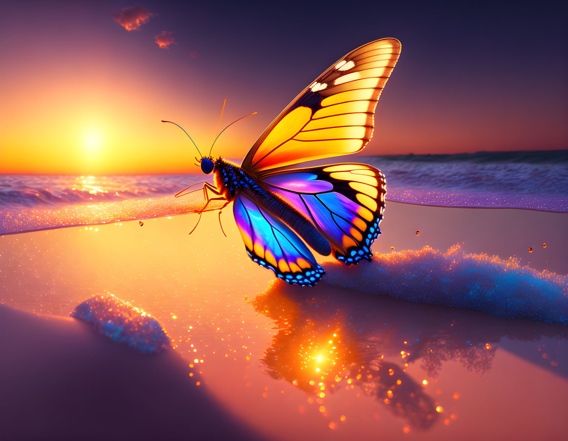 Colorful butterfly on beach at sunset with orange and blue wings.