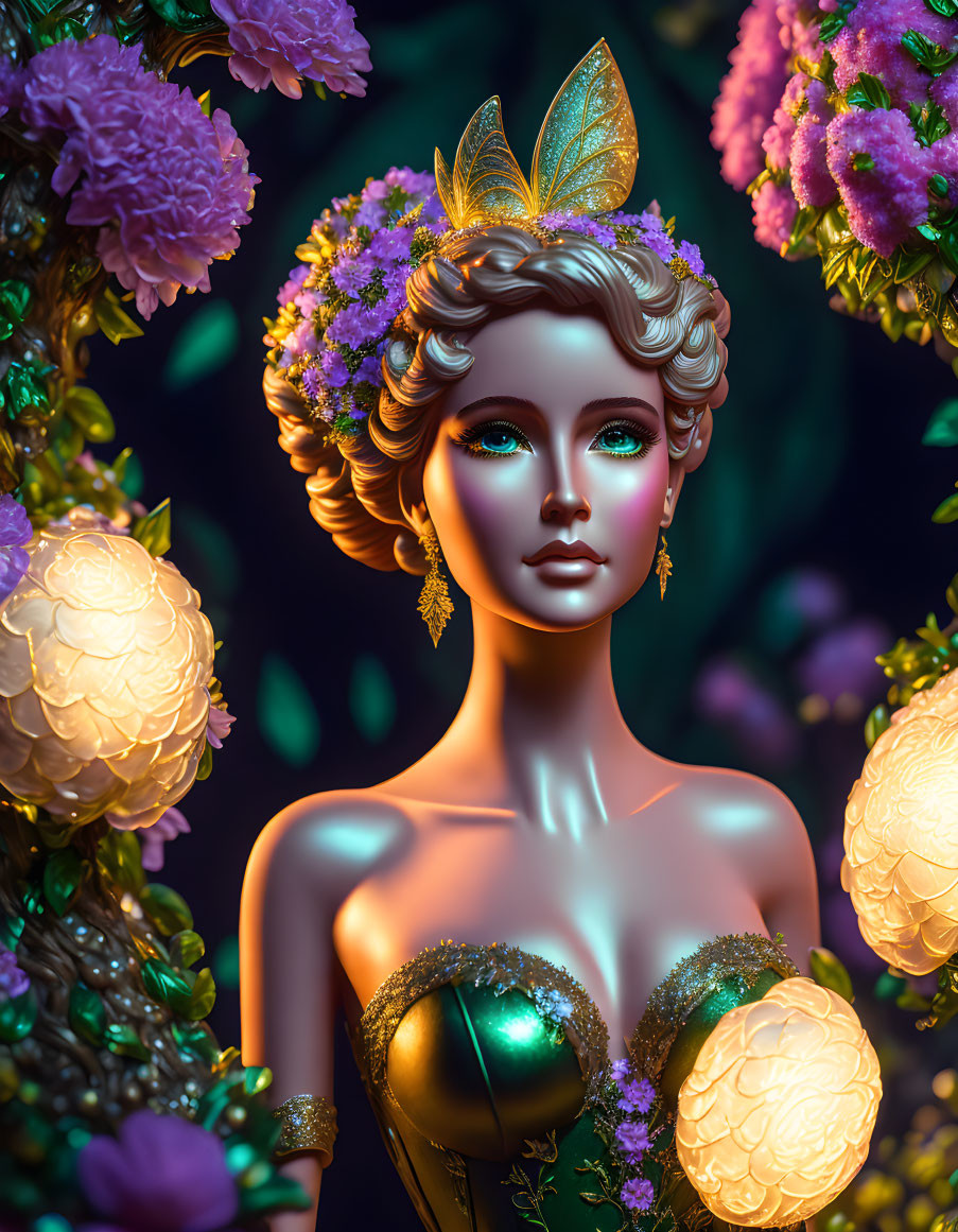 Digital Art Portrait: Woman with Green Eyes, Surrounded by Flowers and Butterfly