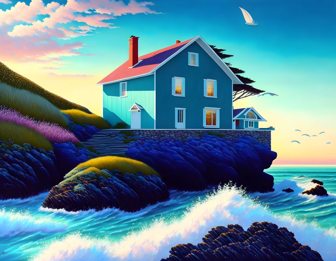 Colorful illustration: Blue house with red roof on seaside cliff at sunset