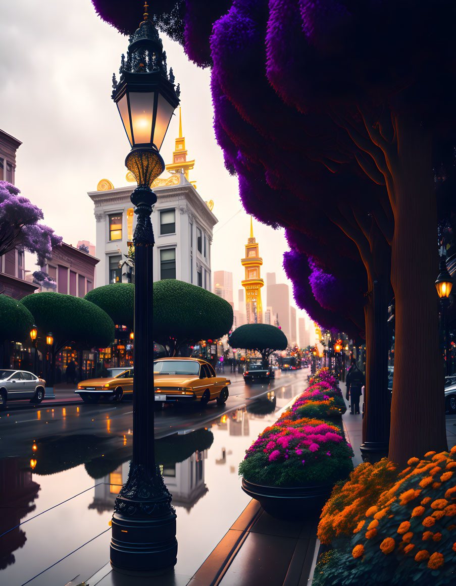 Vibrant flowers, purple trees, classic streetlamp, vintage cars on rain-wet street.