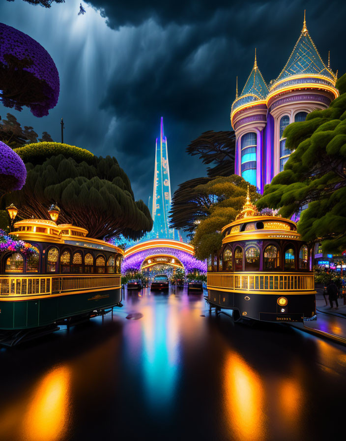 Nighttime scene: Tram on illuminated path to castle under dramatic sky