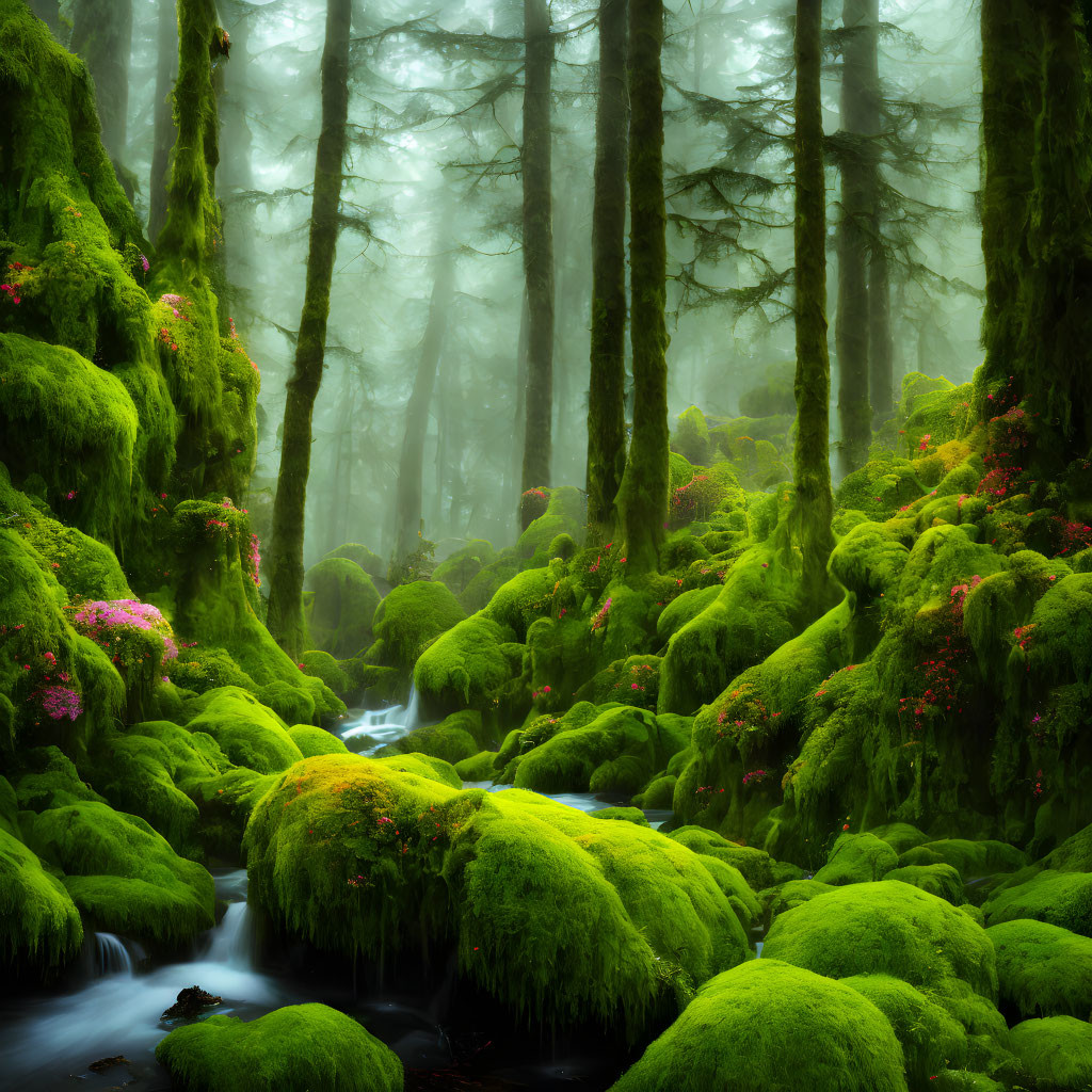 Lush forest scene: moss-covered rocks, stream, pink flowers, foggy trees