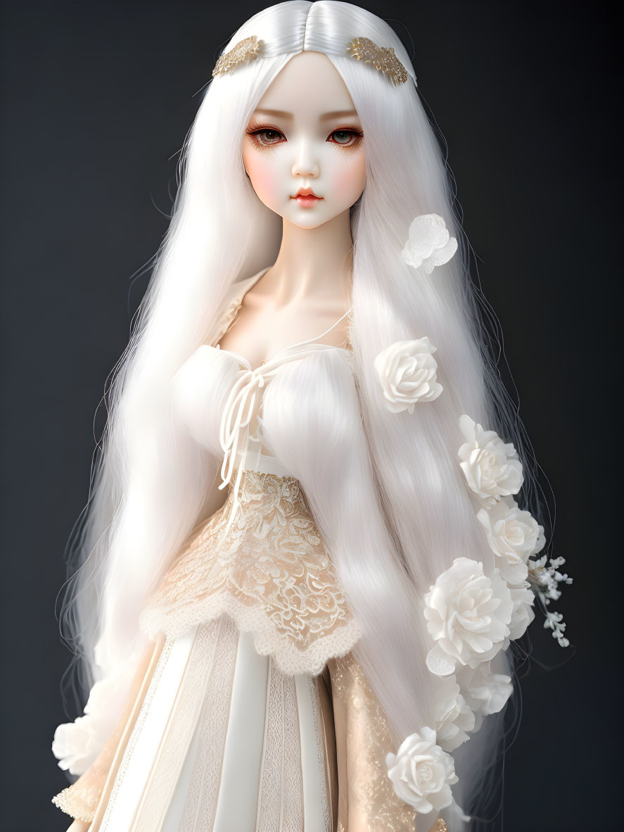 Porcelain doll with long white hair in cream dress with lace details