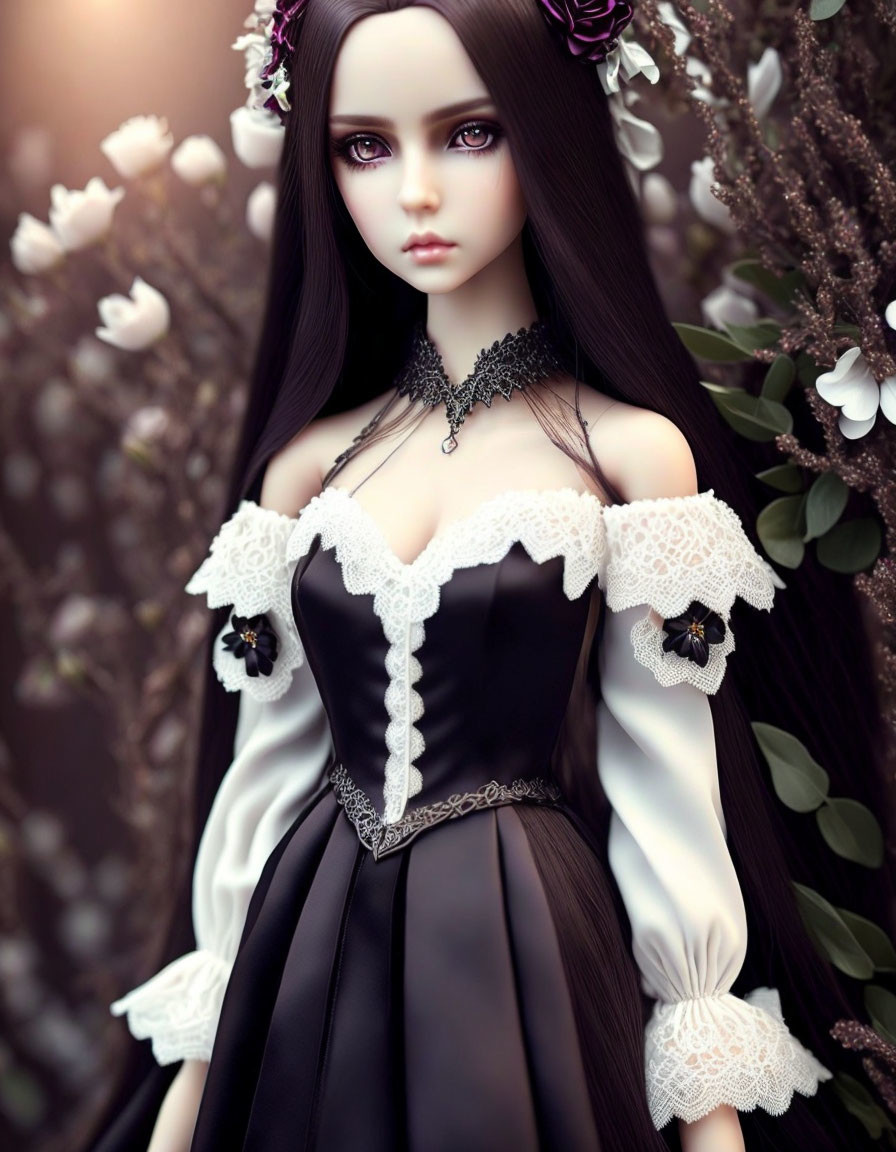 Intricate dark-haired doll in Victorian attire against floral backdrop