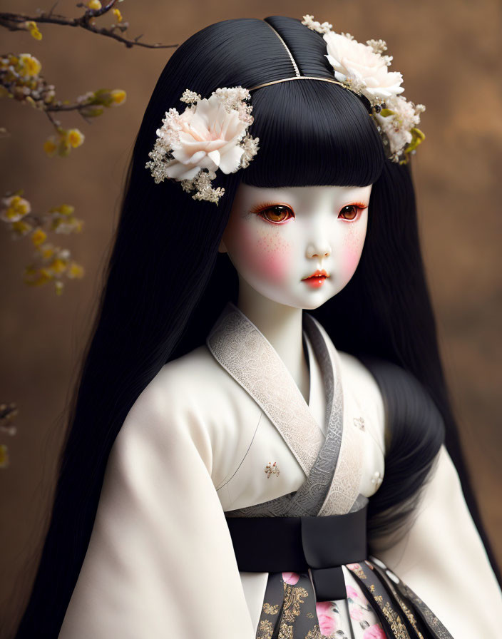 Black-Haired Doll in Japanese Attire with Cherry Blossoms