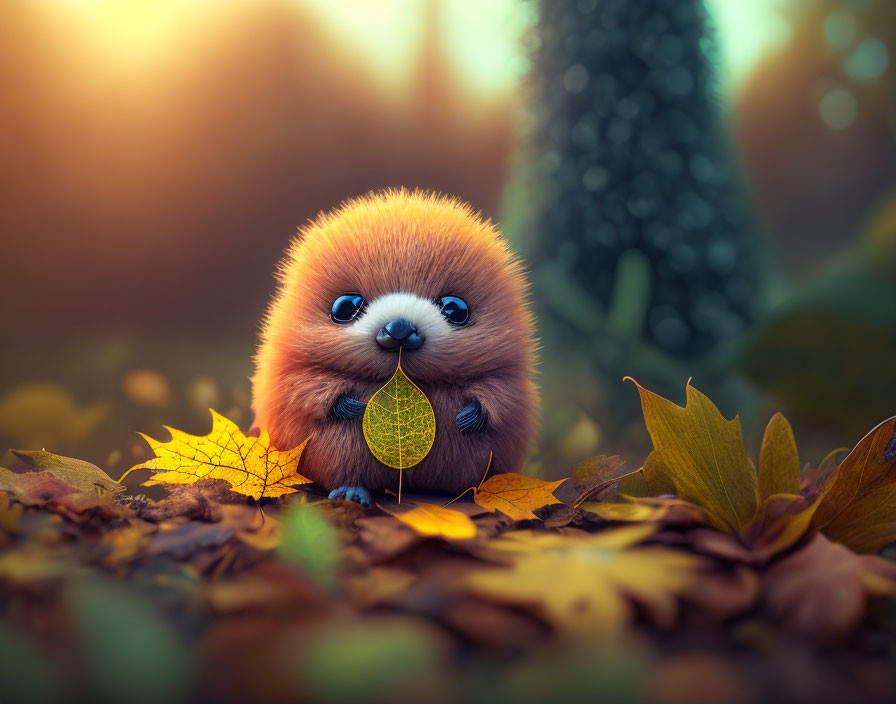 Fluffy creature holding yellow leaf in autumn setting