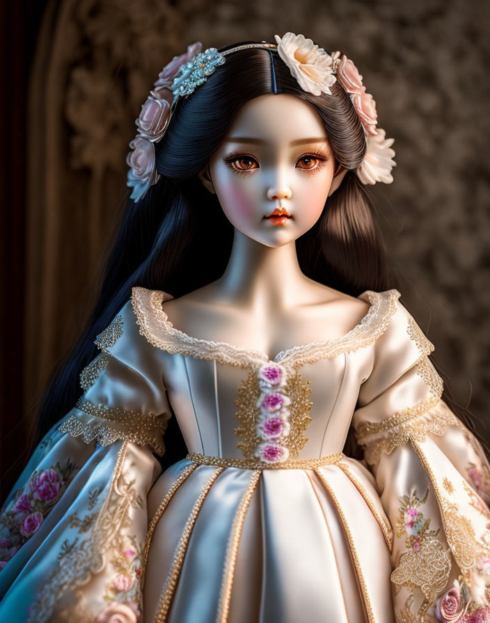 Detailed Doll with Large Eyes in Vintage Cream and Gold Dress