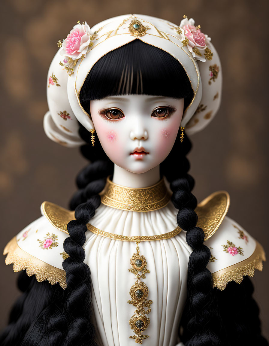 Victorian-style porcelain doll in white and gold dress with braided hair