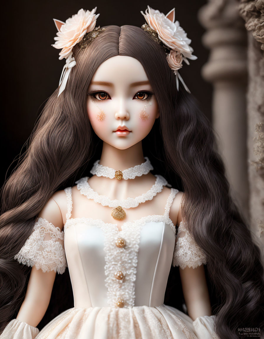 Intricate facial features doll with long wavy brown hair and vintage cream dress