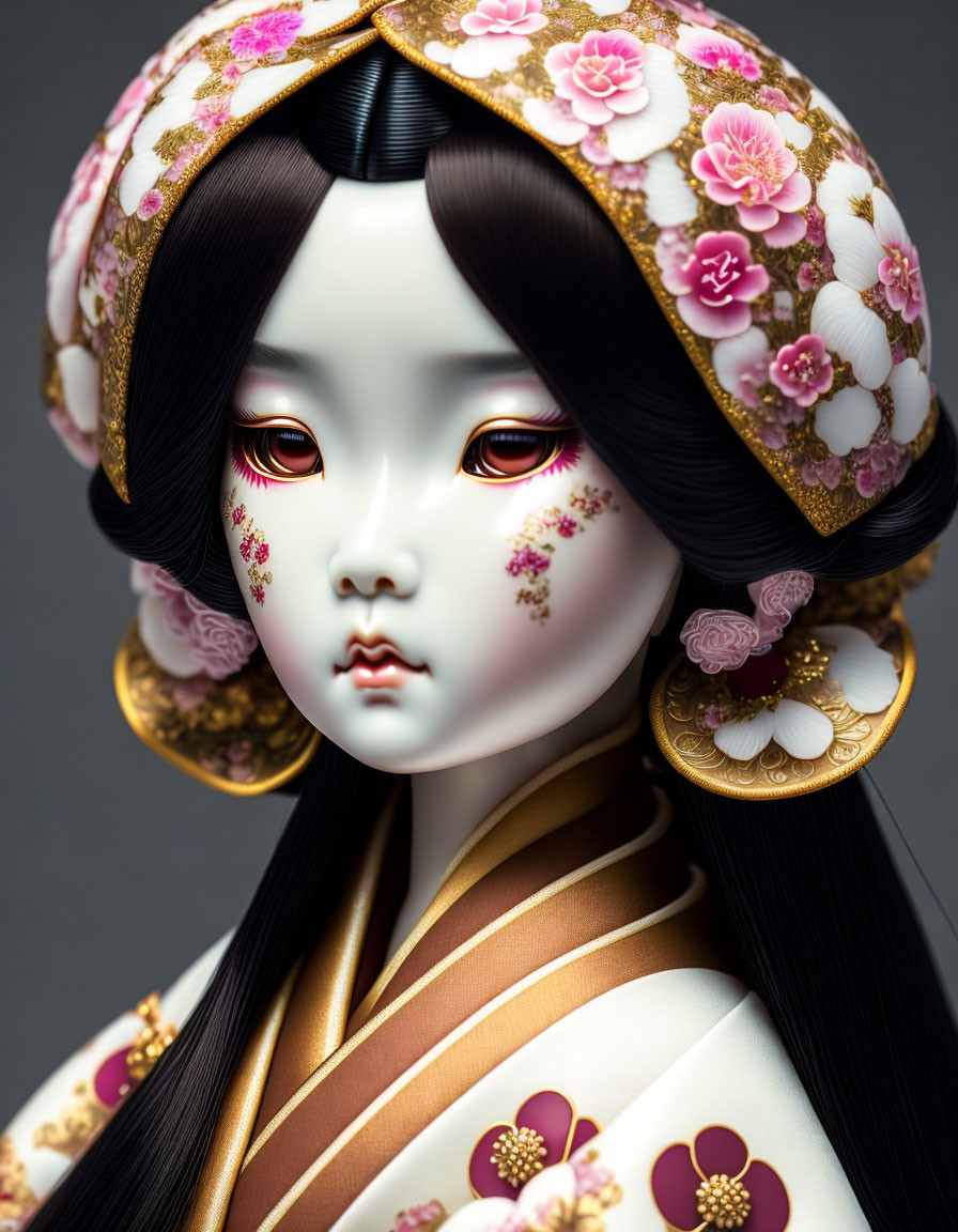 Detailed Traditional Japanese Doll with Almond-shaped Eyes and Floral Patterns