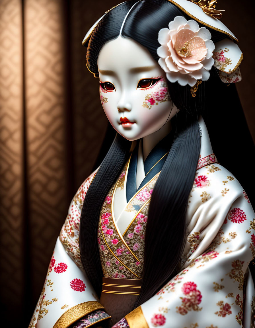 Traditional Japanese doll with pale face, ornate hairstyle, pink floral accessory, white kimono.