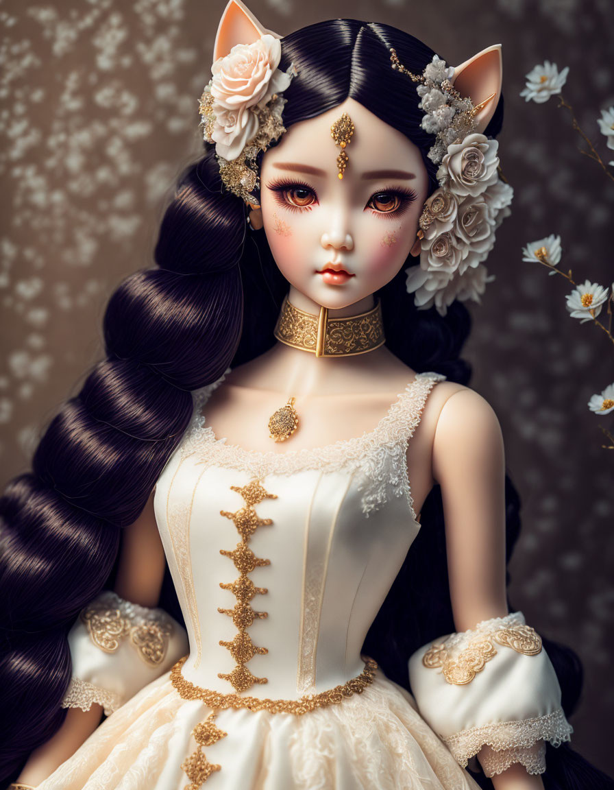 Fantasy character with cat-like features in ornate ivory dress