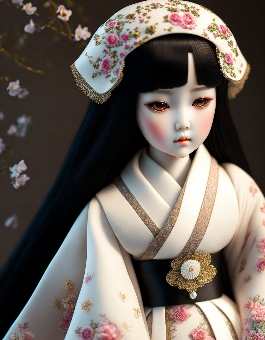 Porcelain doll in traditional outfit among cherry blossoms