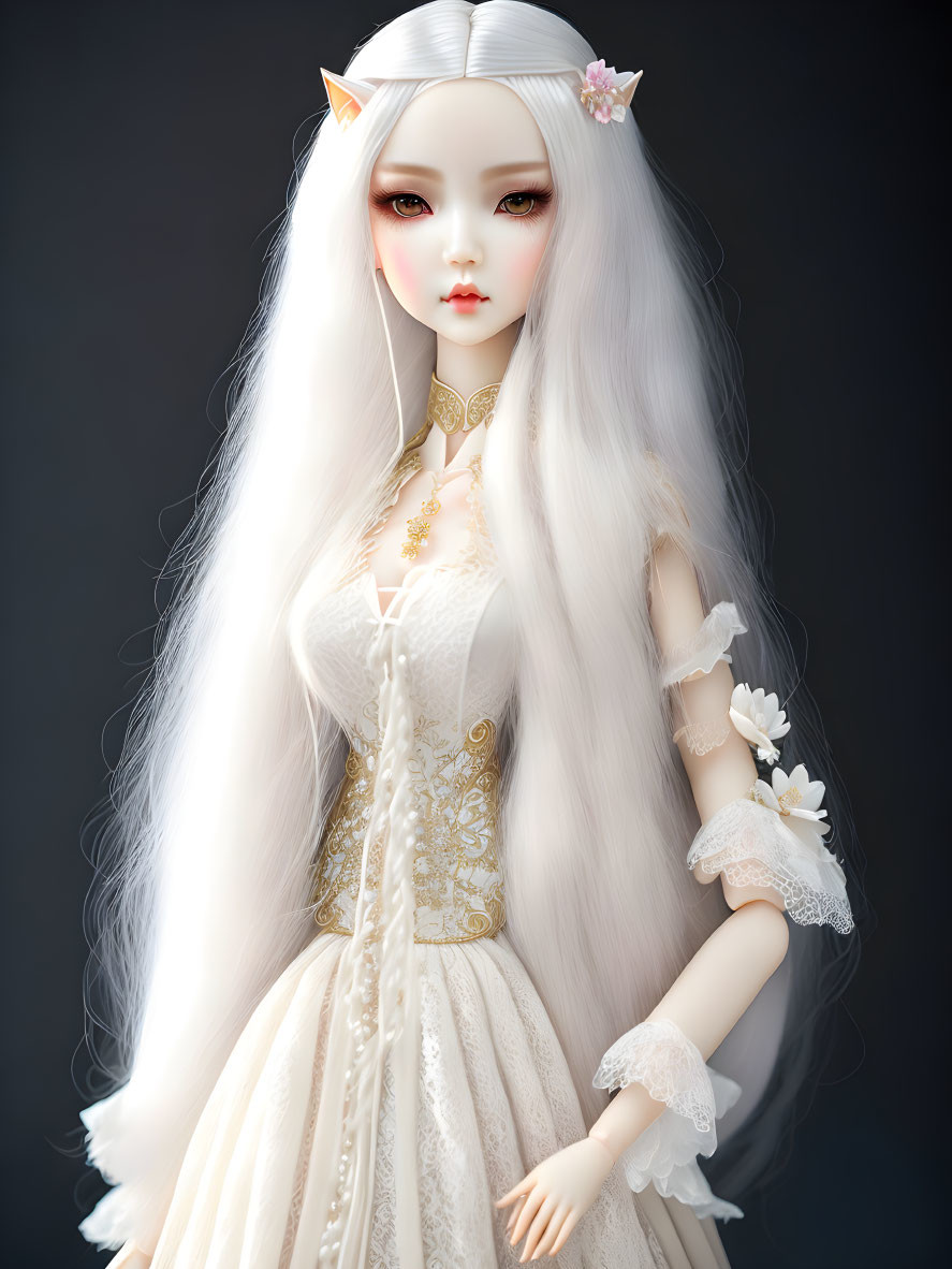 Elegant Doll with White Hair, Feline Ears, and Floral Gown