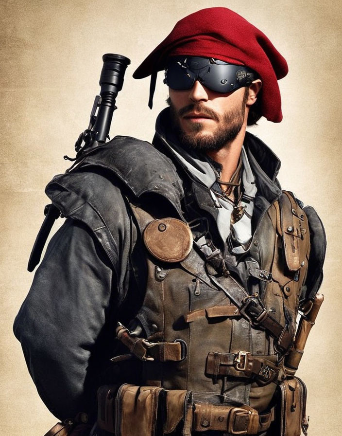 Man in Pirate Costume with Red Bandana, Beard, Eye Patch, and Telescope on Beige Background