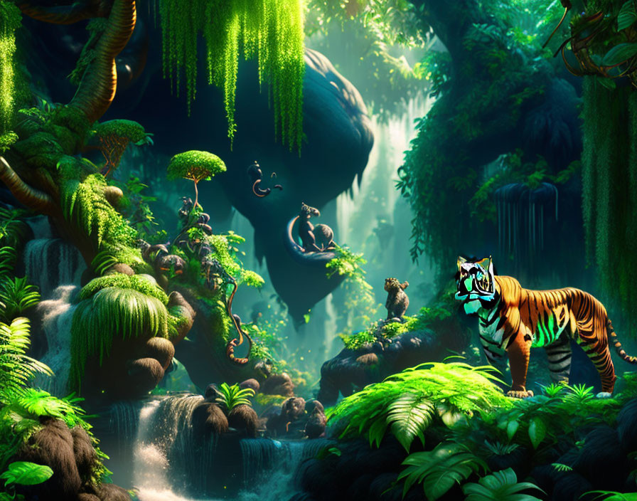 Lush Jungle Scene with Waterfalls, Blue Monkey, and Tiger