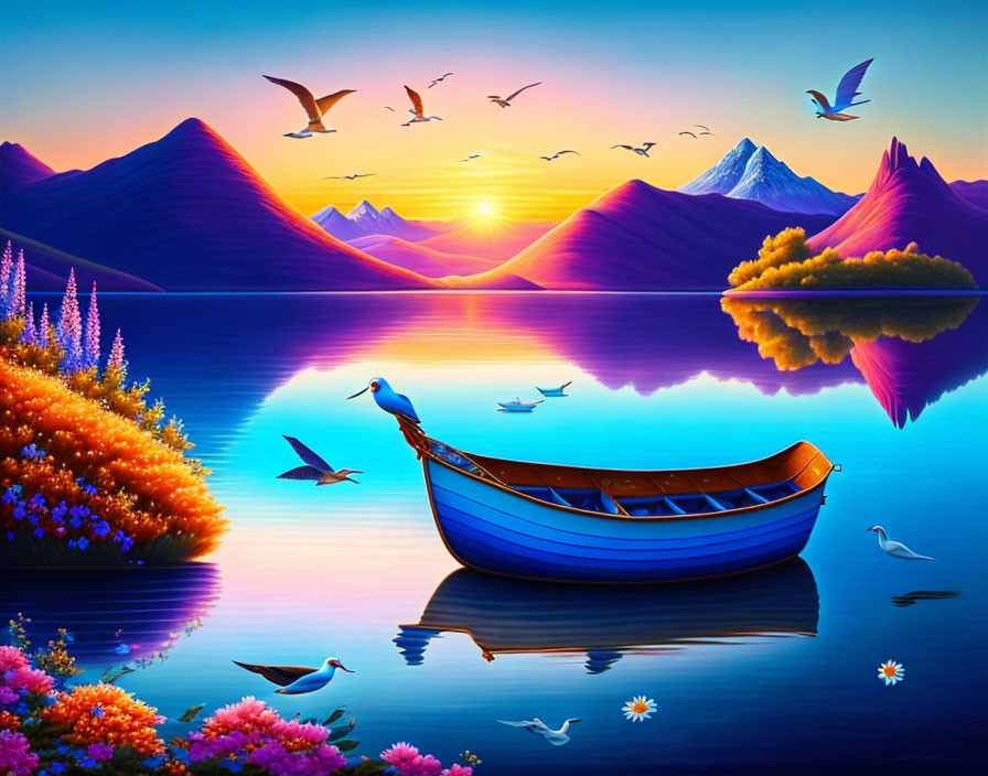 Colorful Sunset Lake Painting with Boat, Flora, Mountains, and Birds