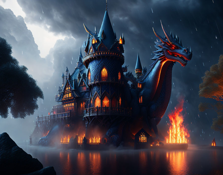 Majestic dragon and castle in stormy night with rain and flames