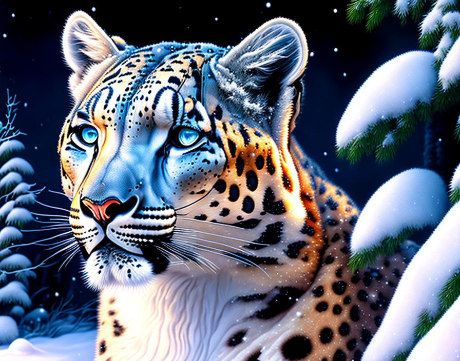 Snow leopard with blue eyes in snowy night scene