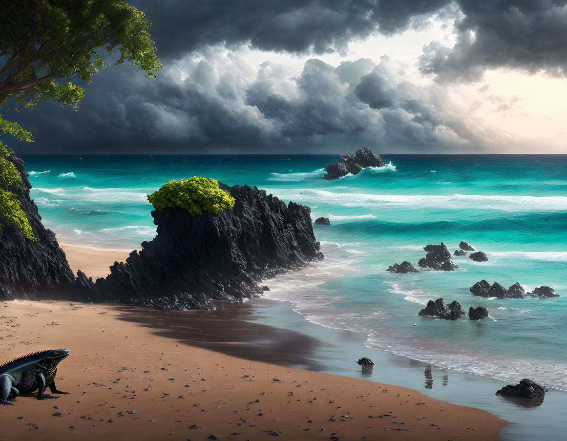 Stormy Beach Scene with Iguana, Turquoise Waters, and Lush Tree