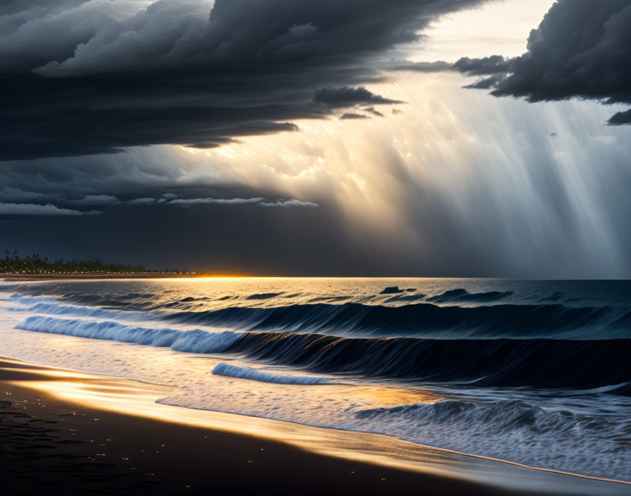 Dramatic Coast with Dark Clouds, Sunlight Rays, and Rolling Waves