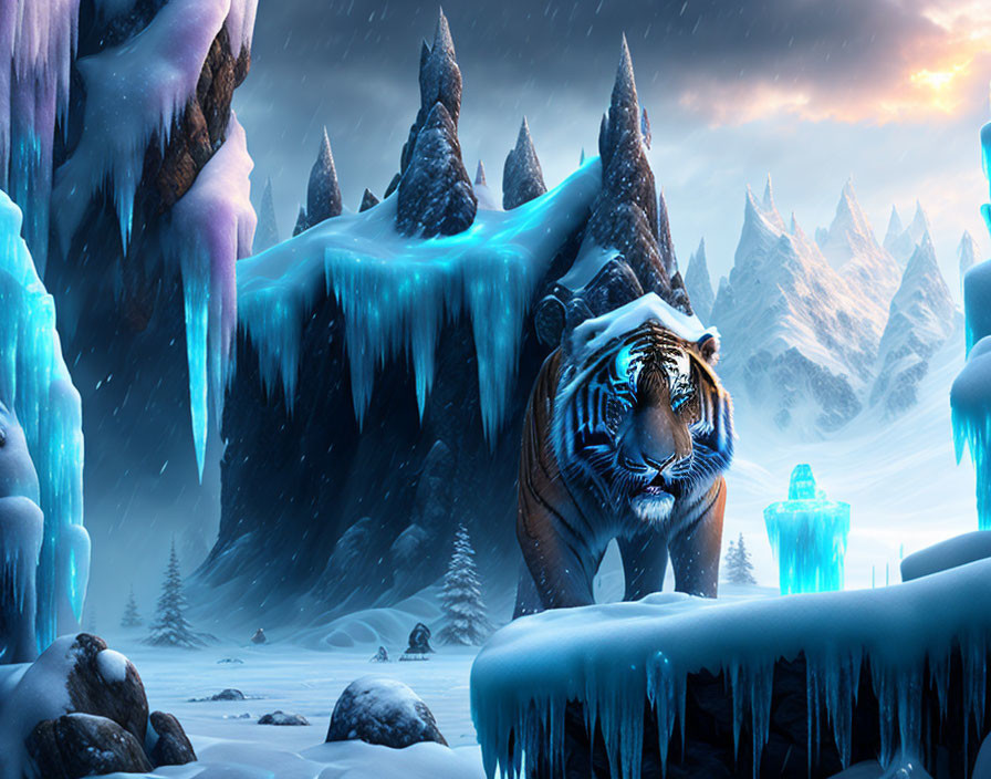 Majestic tiger in snowy landscape with icy cliffs & mountains