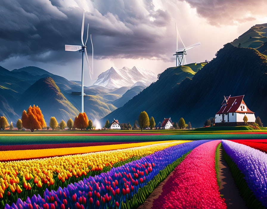 Colorful tulip fields, village, wind turbines, mountains under dramatic sunset sky