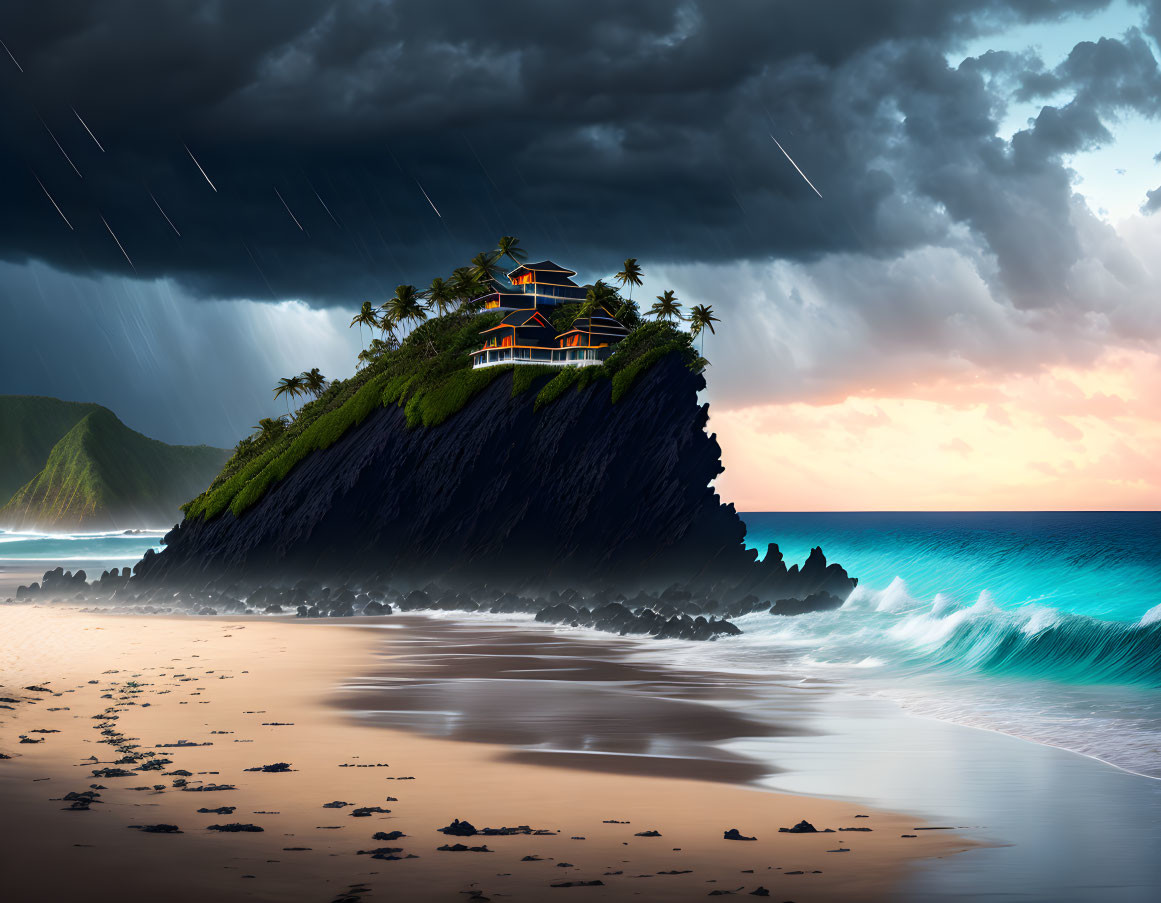 Twilight coastal landscape with hilltop house, stormy skies, rain, peaceful beach, and vibrant