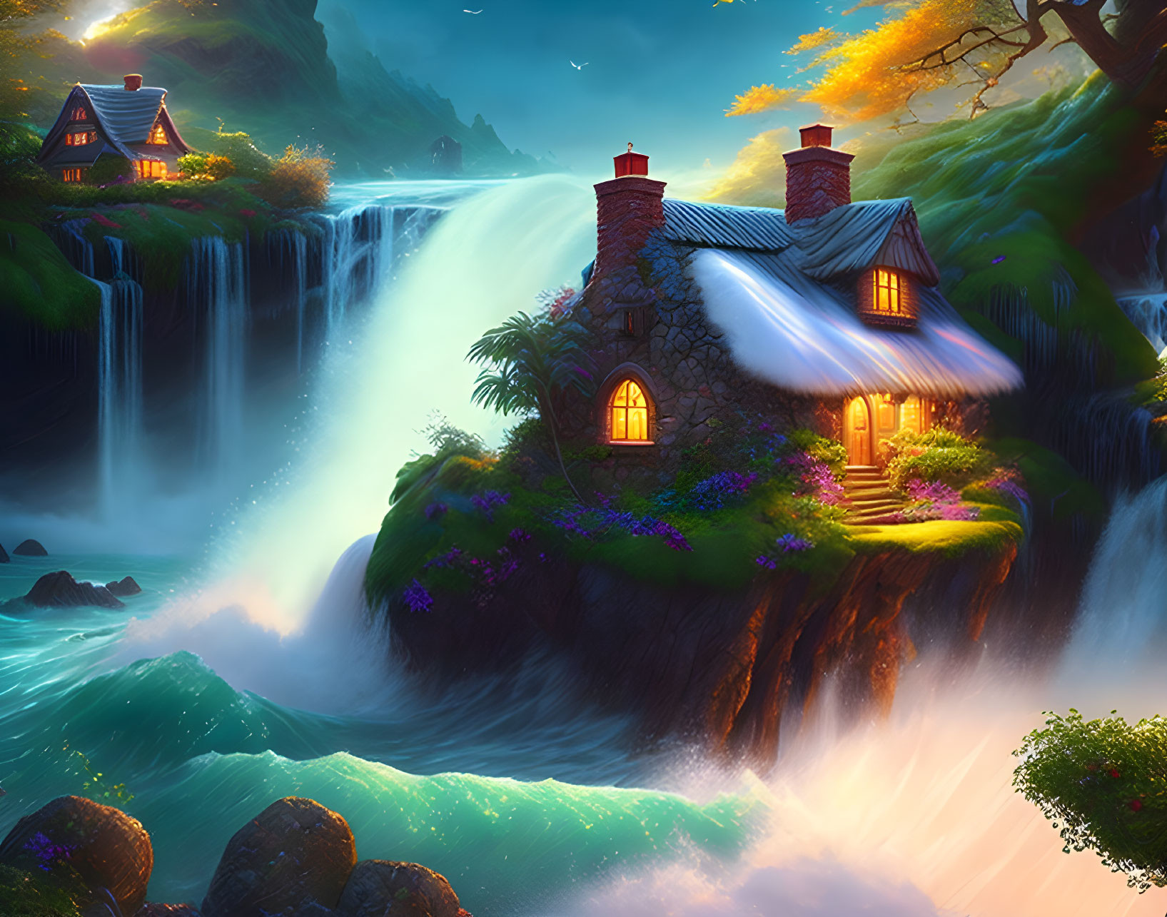 Stone cottage with thatched roof by lush waterfall at twilight